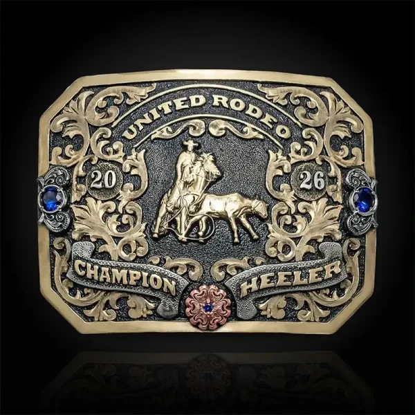 Our Oakman Belt Buckle features a stippled bronze base with engraved scrollwork, silver banners, raised lettering, a custom figure, and CZ stones.
